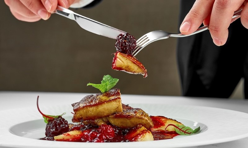 Pašteta od guščije džigerice sa sosom od bobičastog voća na belom tanjiru